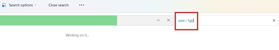 Search for file size greater than 1 GB in This PC search.