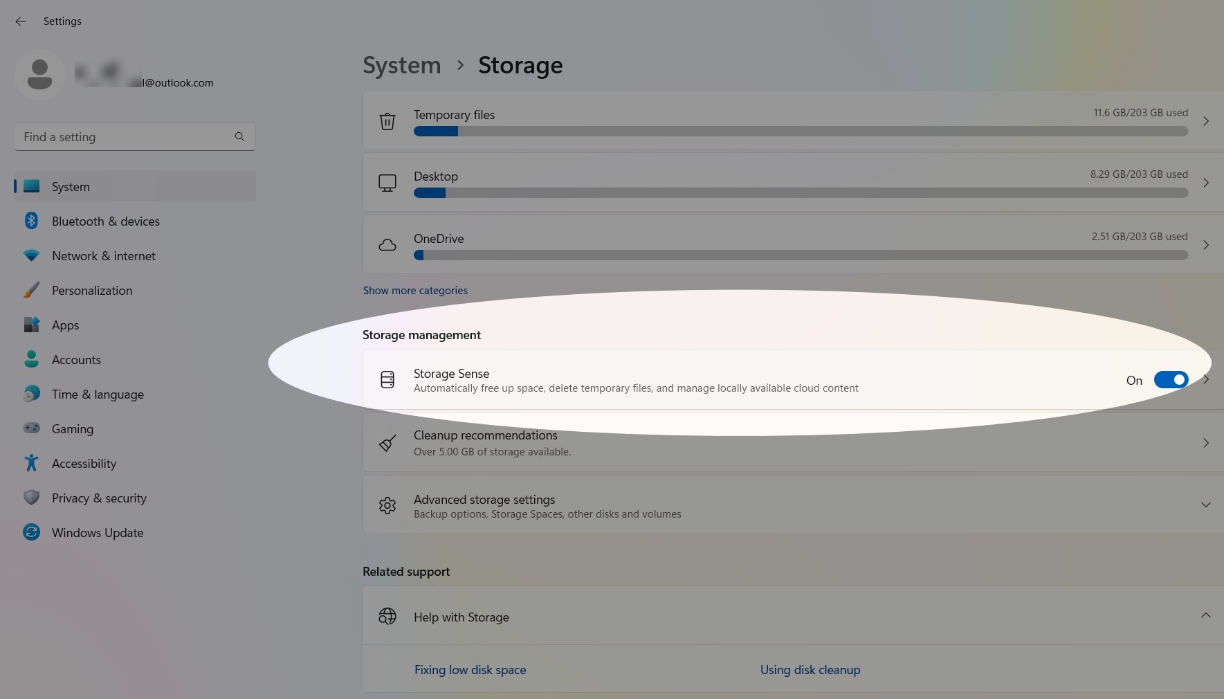 Storage Sense Location under Storage Management in Windows 11.