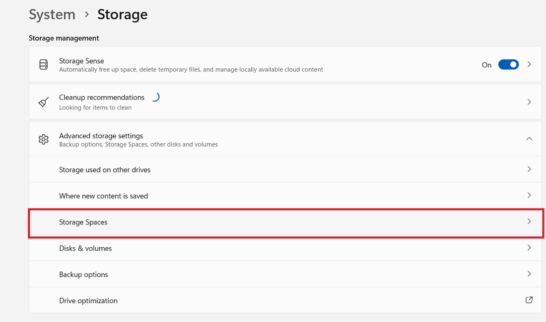 Click "Storage Spaces" inside System > Storage.