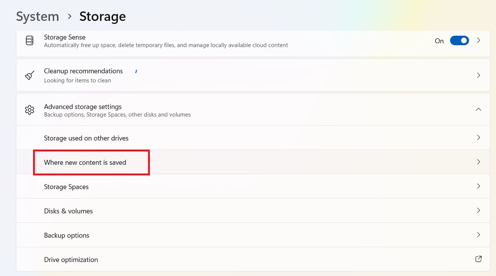 Where new content is saved under Advanced Storage settings.