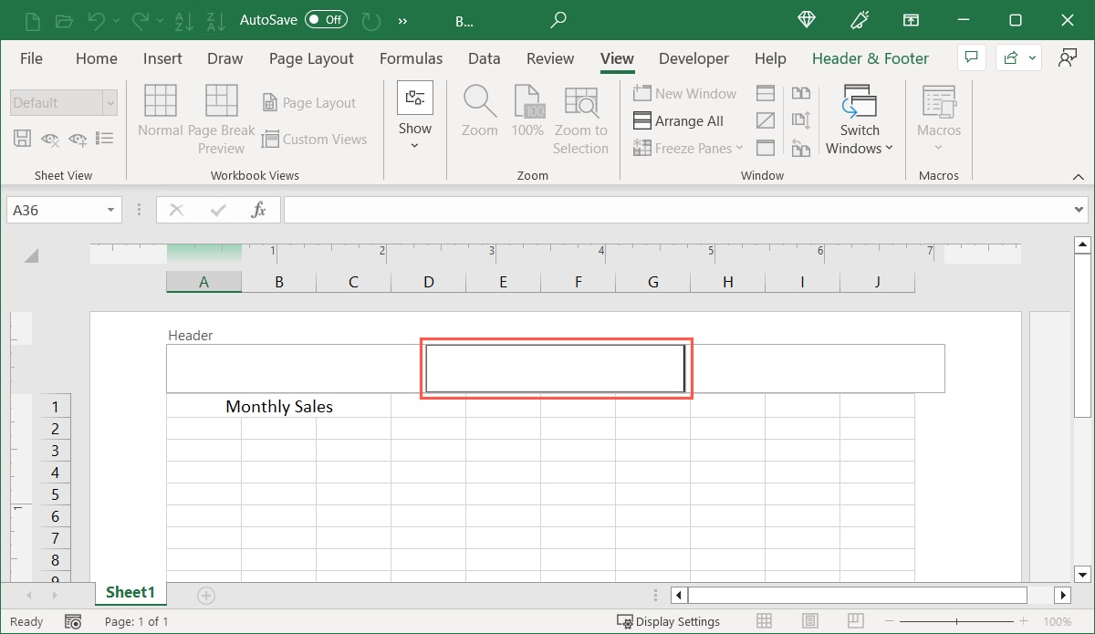 Center header box in Excel