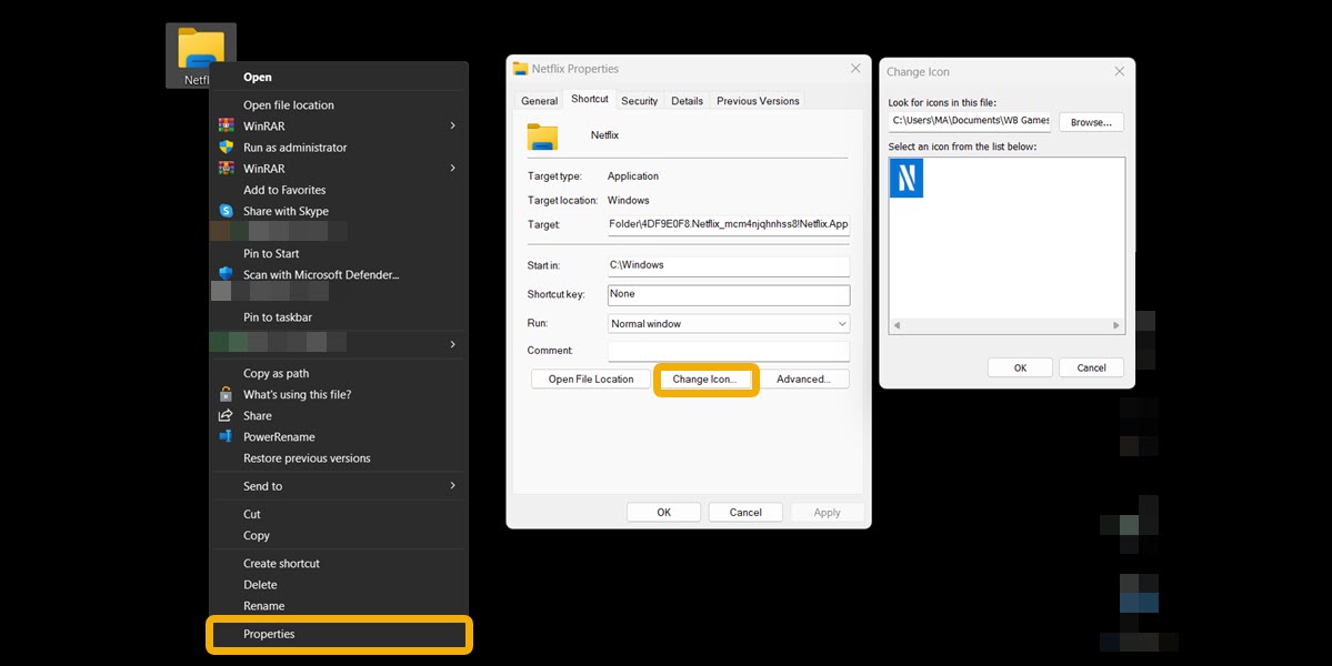 Changing icon for Microsoft app via Properties window. 