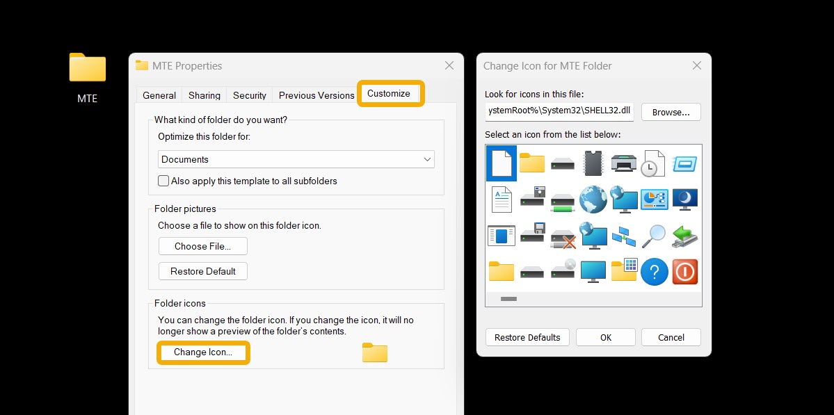 Clicking on "Change icon" button in folder properties window. 
