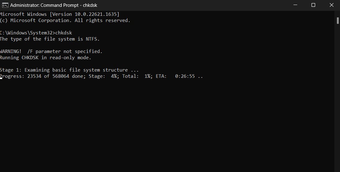 Running chkdsk scan in Command Prompt.