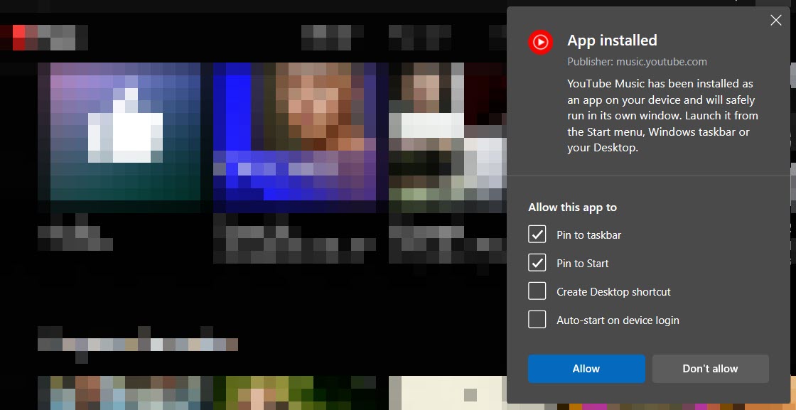YouTube Music app features view in Microsoft Edge browser. 