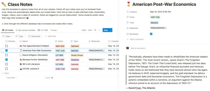 Class Notes, one of the best free Notion templates for students, with class notes expanded.