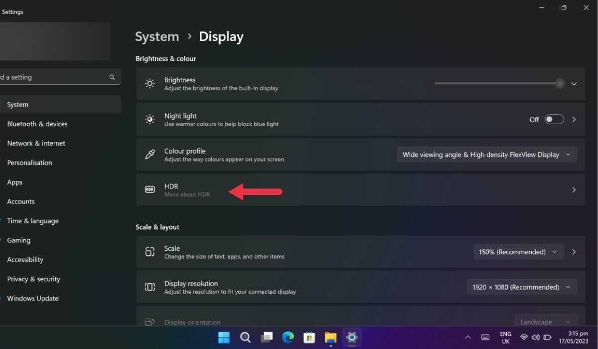 Clicking on "HDR" in the "Brightness & color" section.