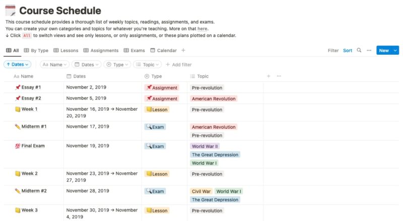 Course Schedule template All view