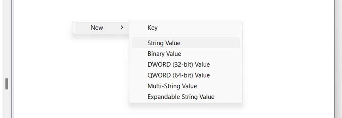 Creating a String Value in Registry Editor. 