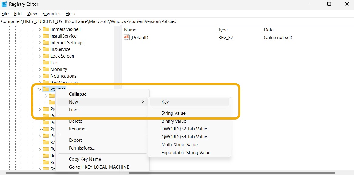 Creating a new key value in Registry Editor. 