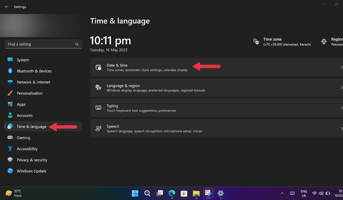 Navigating to "Date & time" under "Time & language" section in Settings.