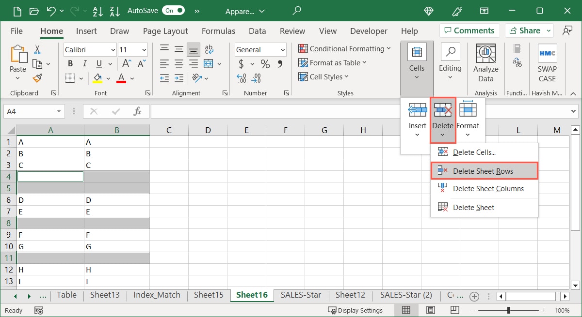 Delete Sheet Rows in the Delete menu
