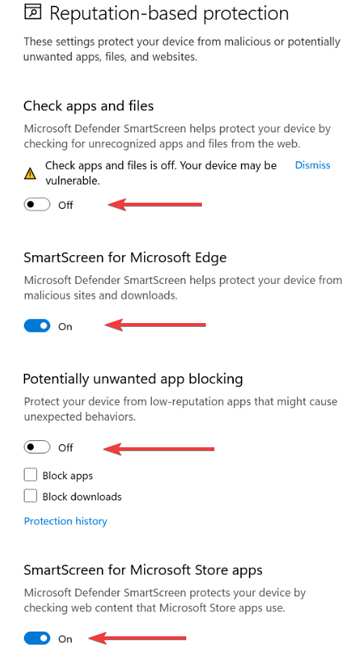 Disable Smartscreen Reputation Based Protection Setings