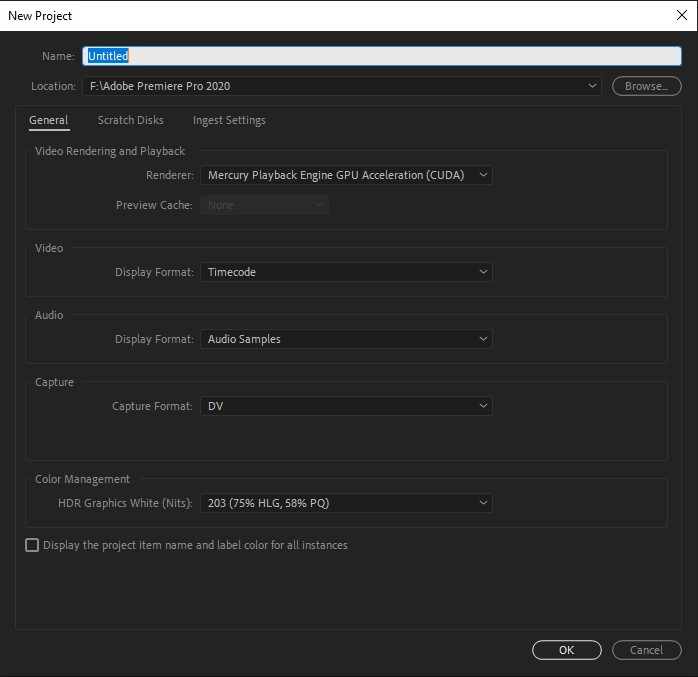 Adobe Premier Pro new project screen overview. 