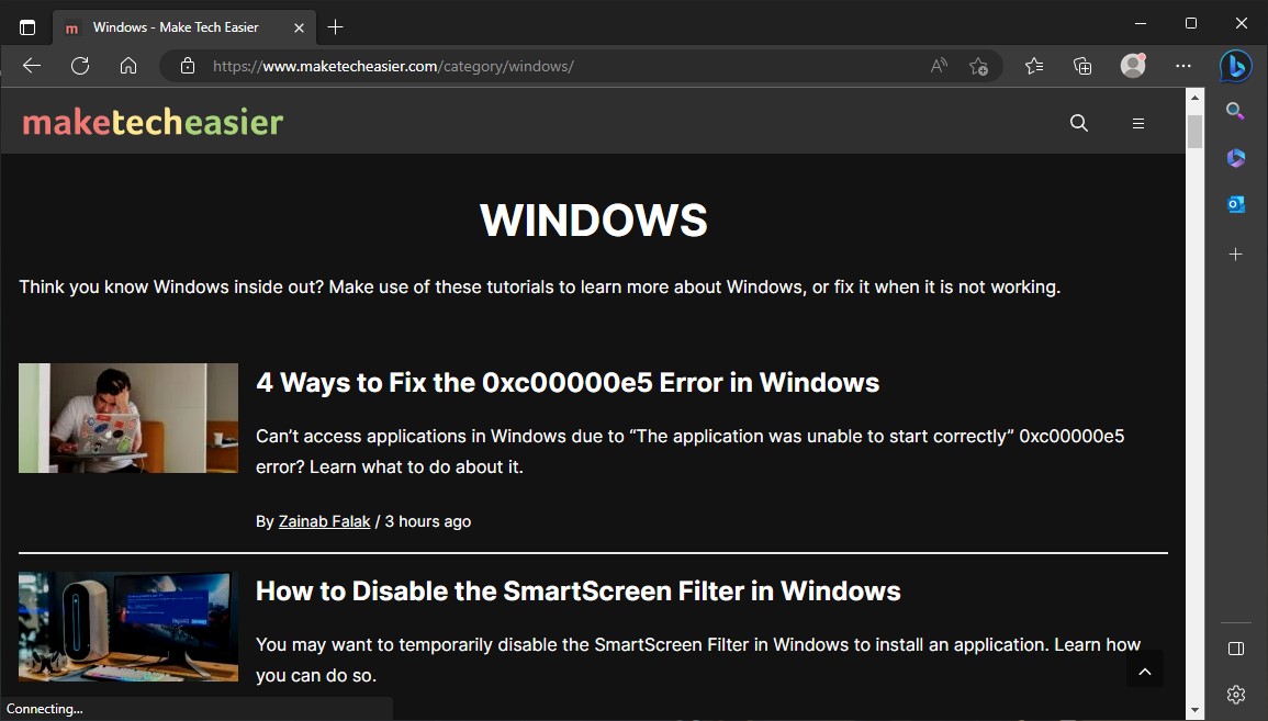 Microsoft Edge overview with website open.