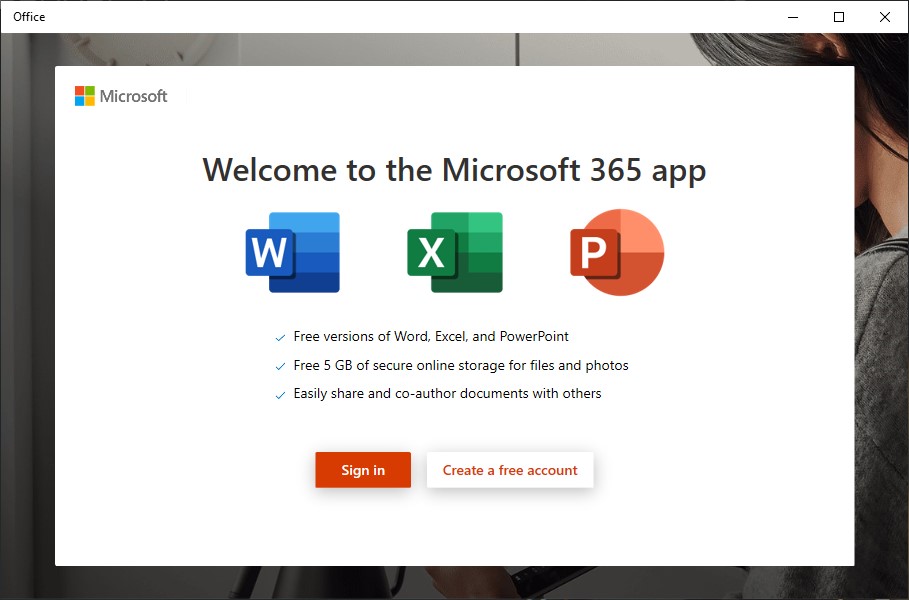 Microsoft 365 sign in screen in Windows. 