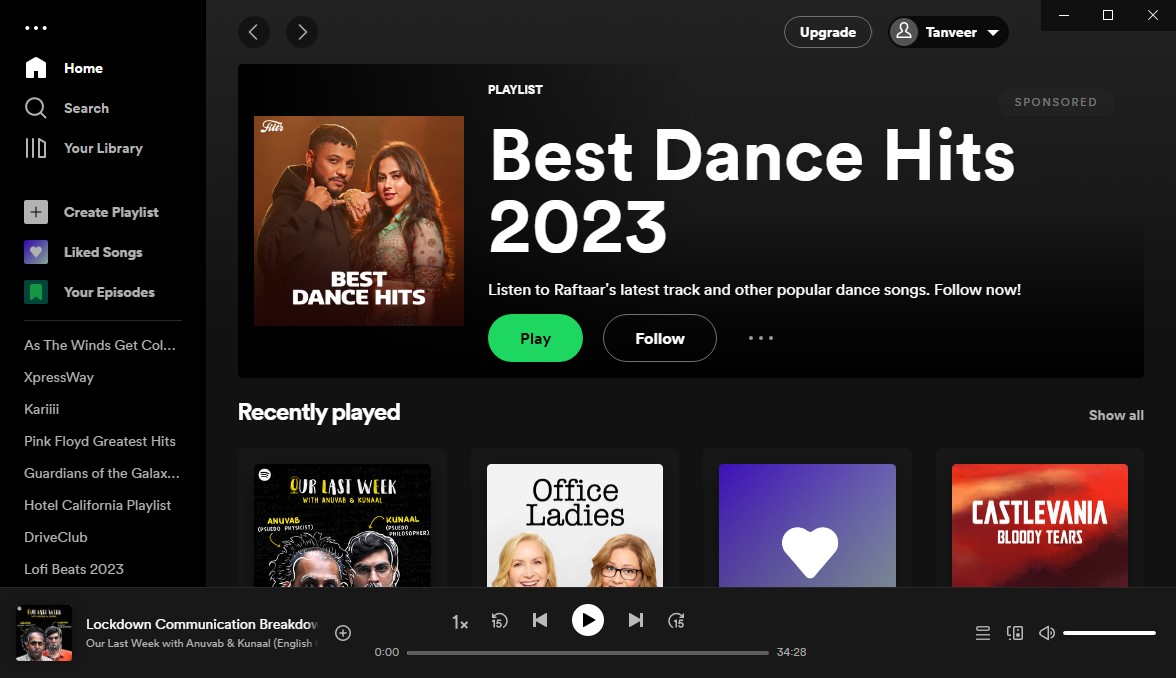 Spotify desktop client overview in Windows. 