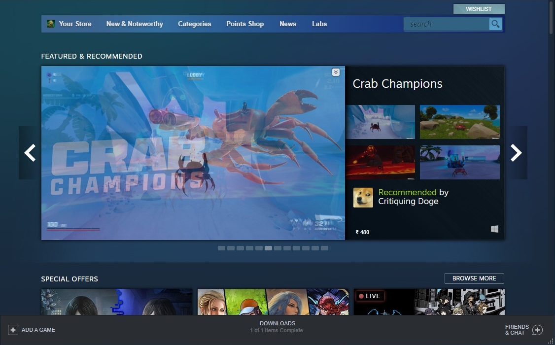 Steam client overview in Windows. 