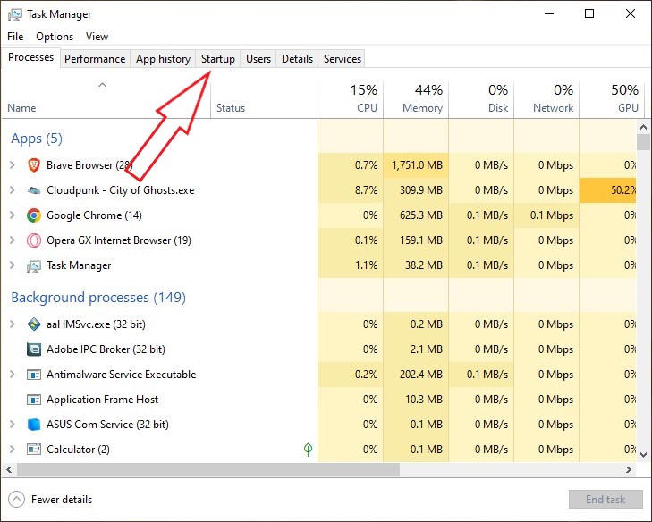 Selecting "Startup" tab in Task Manager. 