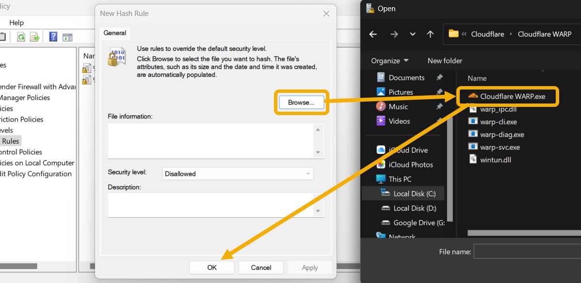 Creating "New Hash Rule" in Local Security Policy.