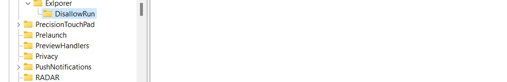 Creating a new key called "DisallowRun" in Registry Editor.