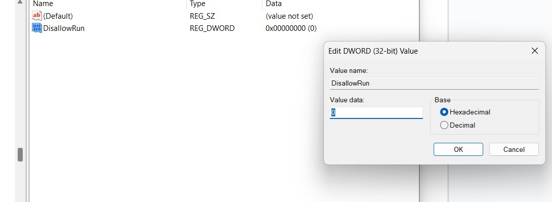 Setting Value Data of newly created DWORD value.