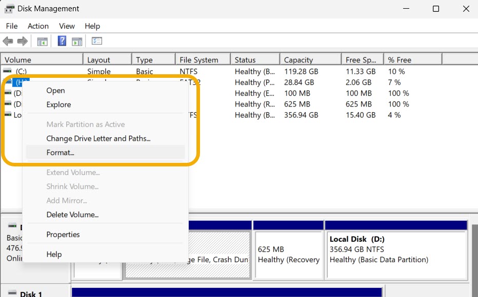 Selecting "Format" option from Disk Management utility.