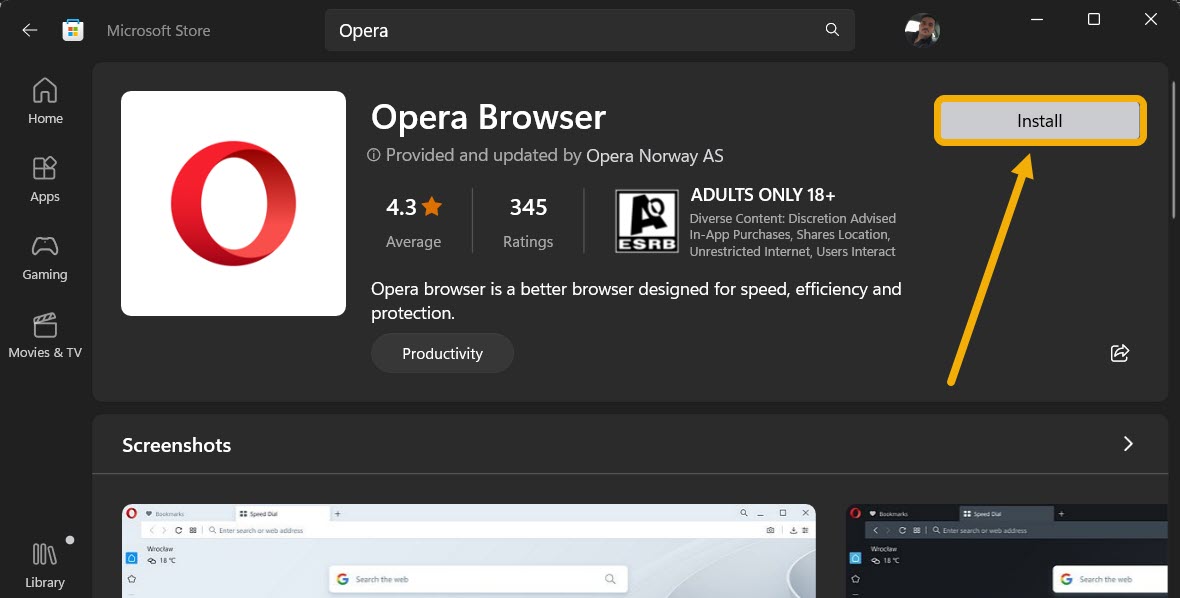 Clicking on "Install" button for browser app in Microsoft Store. 