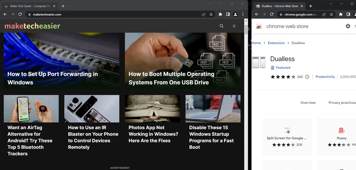 New window with different website perfectly aligned with the first window in Chrome. 