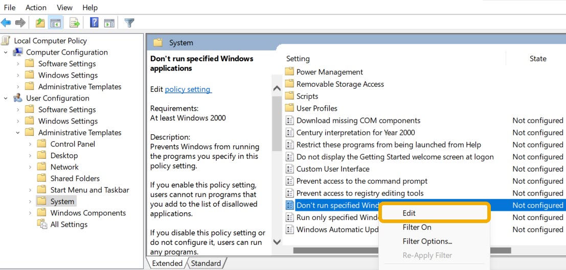 Clicking edit value in Group Policy Editor. 