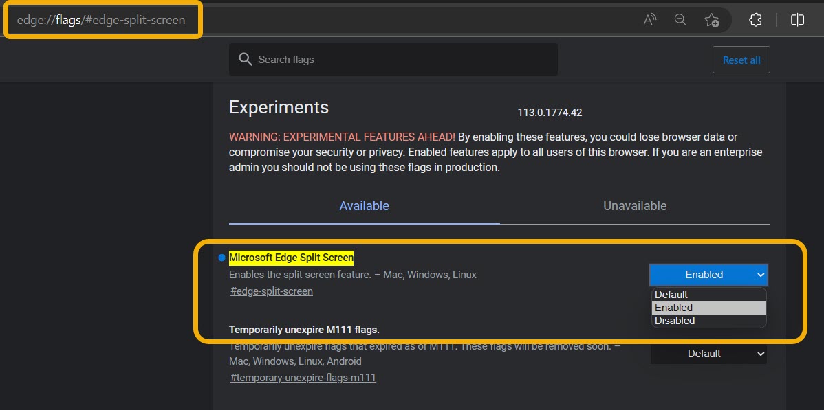Enabling flag in Microsoft Edge.