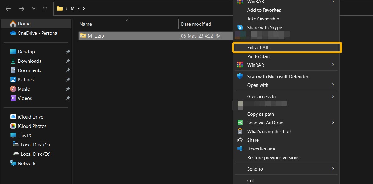 Clicking on "Extract All" button in context menu for ZIP file.