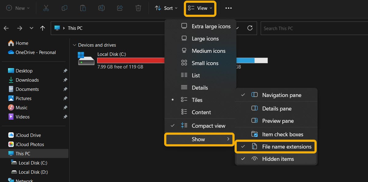 Clicking on "View" option in File Explorer top menu.