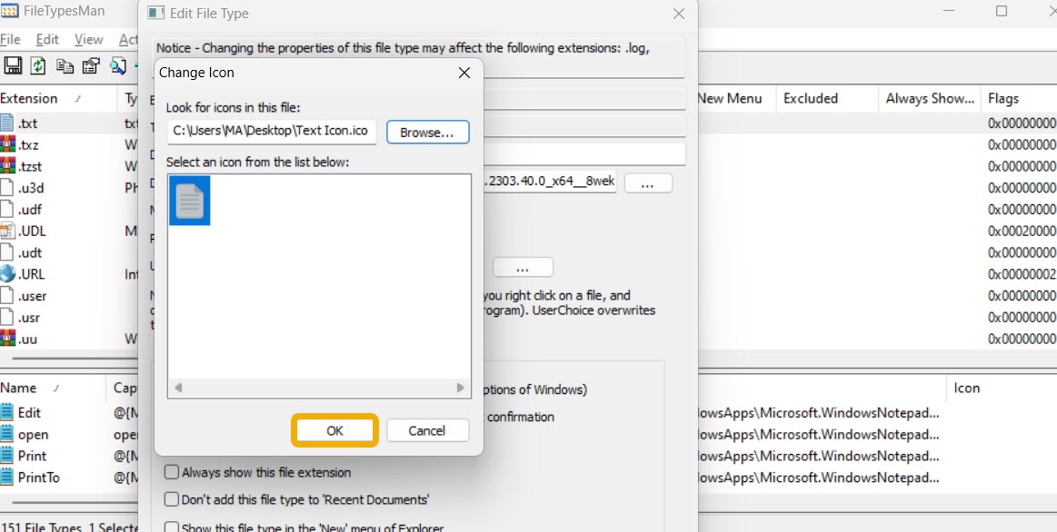 New icon in "Change icon" window. 