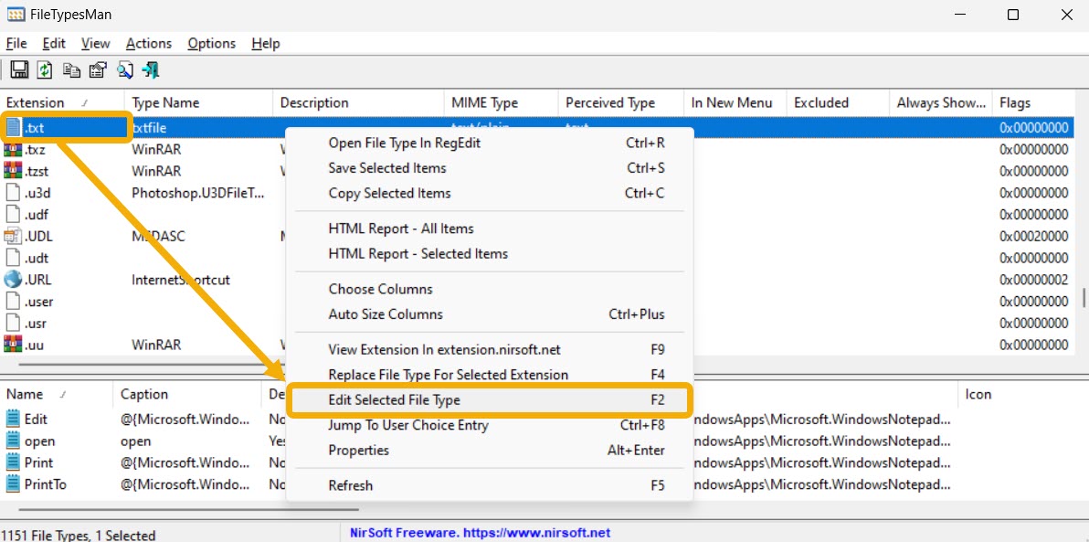 Clicking on "Edit selected file type" option in the context menu. 