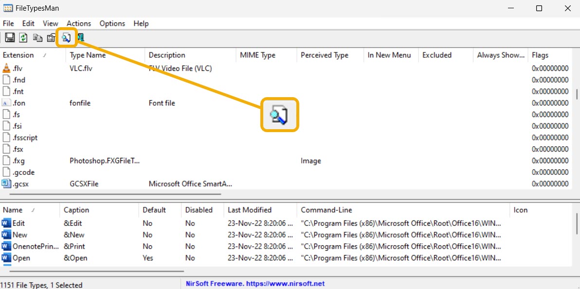 Using the "Find" function in the FileTypesMan program.  