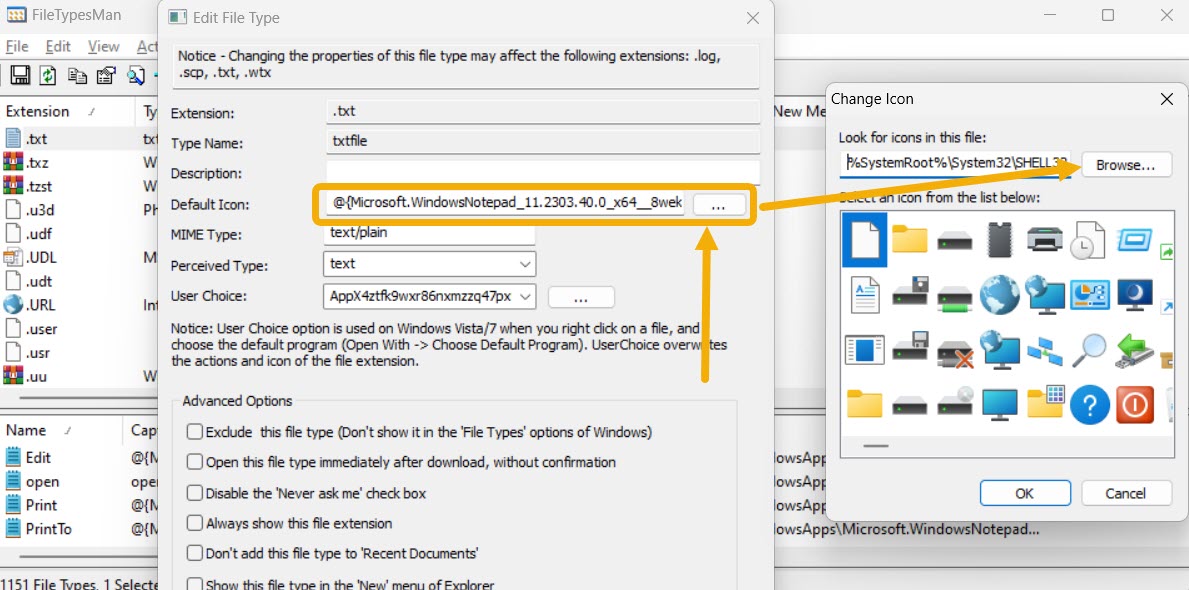 Changing icon for file type via the FileTypesMan program. 