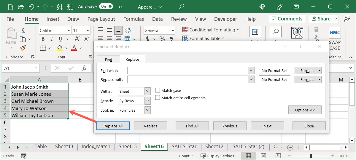 Replace All button and results