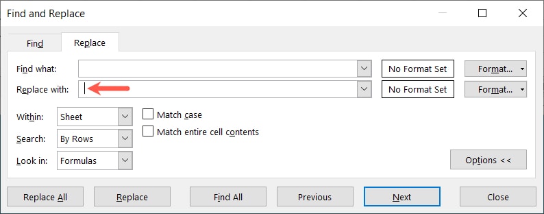 Replace With field with one space