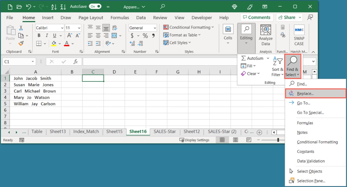 Replace in the Find and Select menu
