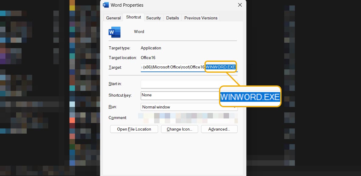 Identifying file name in program properties.