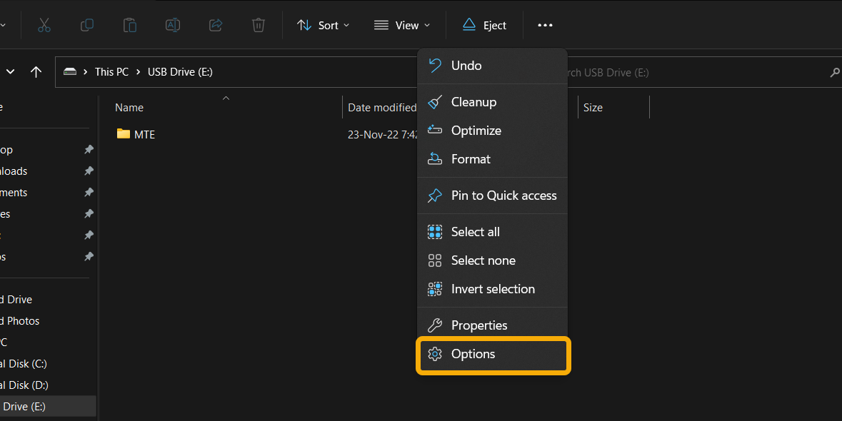 Accessing "Options" from File Explorer. 