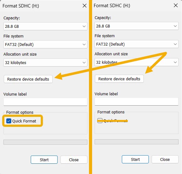 Clicking on the "Restore device default" option in Format window.