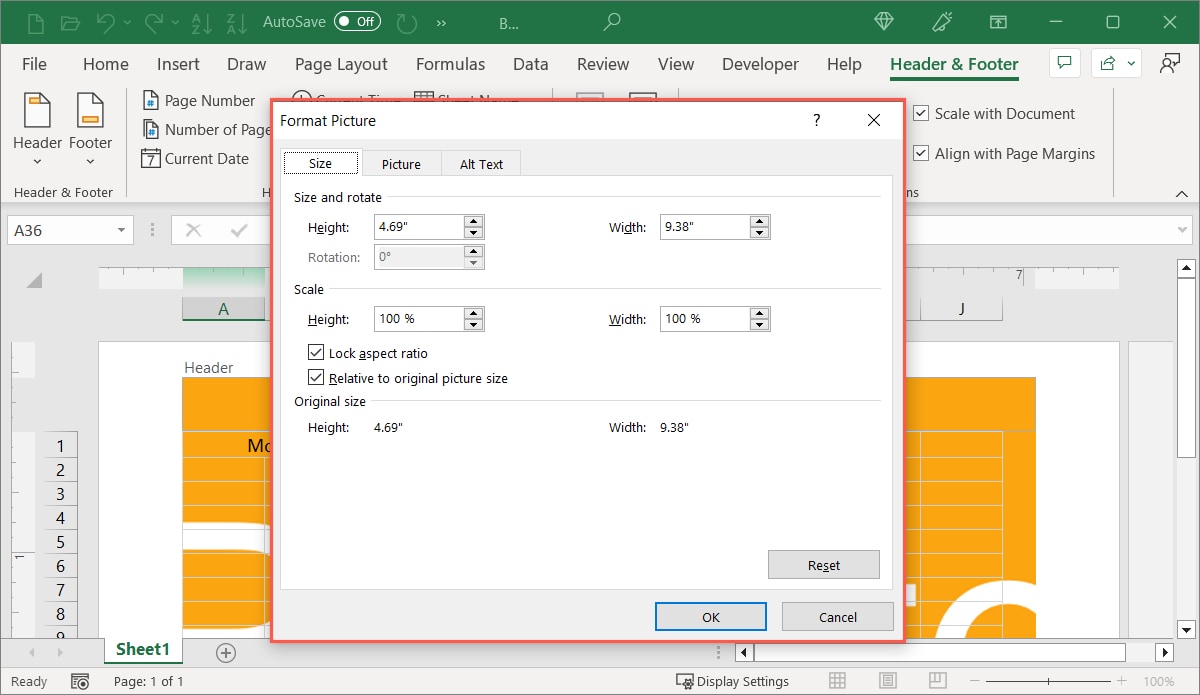Format Picture box in Excel