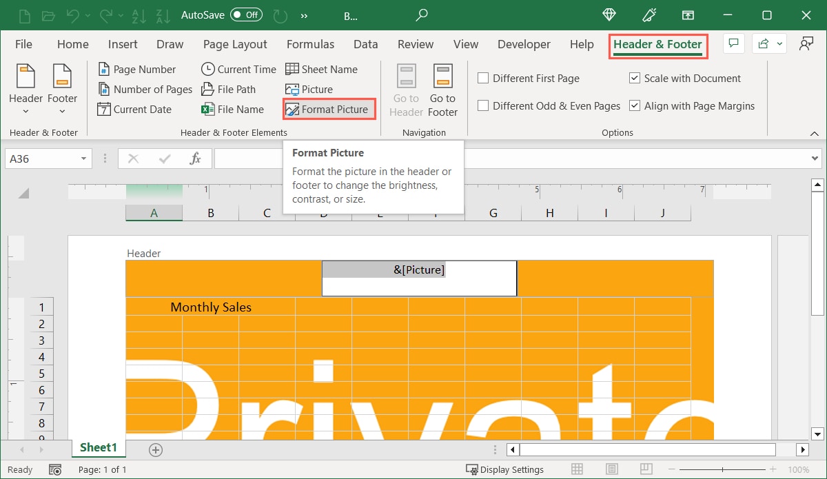 Format Picture on the Header and Footer tab 