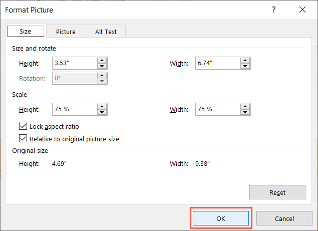 Format Picture box OK button