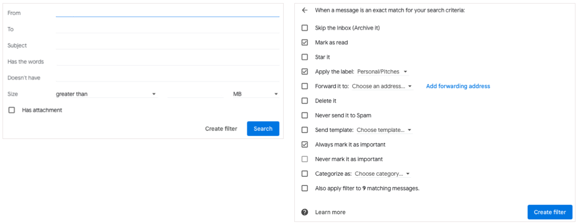 Gmail Create Filter screens