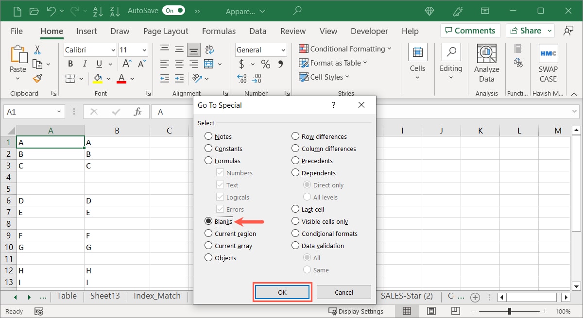 Go To Special Blanks marked and OK button