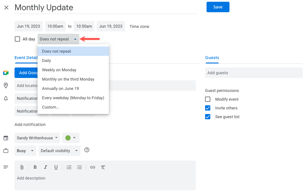 Google Calendar repeating event settings