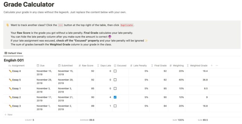 Grade Calculator template main page